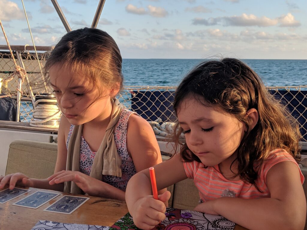 Playing and coloring on the boat